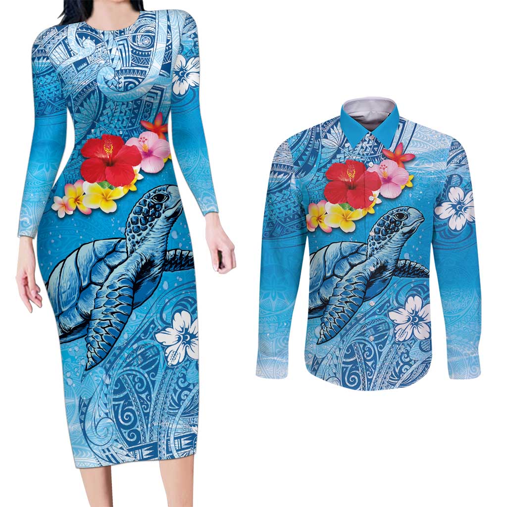 Hawaii Sea Turtle and Tropical Flowers Couples Matching Long Sleeve Bodycon Dress and Long Sleeve Button Shirt Polynesian Tattoo Undersea Vibe