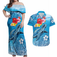 Hawaii Sea Turtle and Tropical Flowers Couples Matching Off Shoulder Maxi Dress and Hawaiian Shirt Polynesian Tattoo Undersea Vibe LT03 Blue - Polynesian Pride
