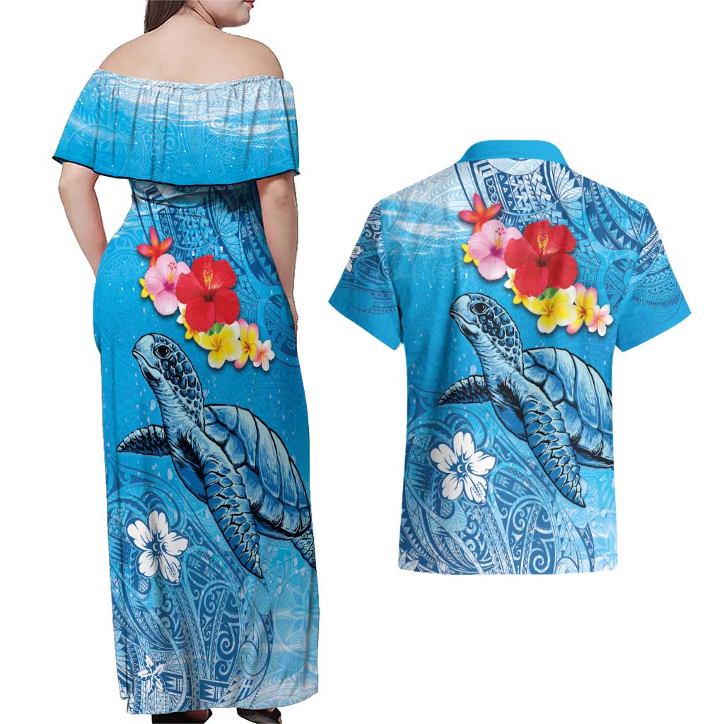 Hawaii Sea Turtle and Tropical Flowers Couples Matching Off Shoulder Maxi Dress and Hawaiian Shirt Polynesian Tattoo Undersea Vibe LT03 - Polynesian Pride