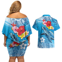 Hawaii Sea Turtle and Tropical Flowers Couples Matching Off Shoulder Short Dress and Hawaiian Shirt Polynesian Tattoo Undersea Vibe