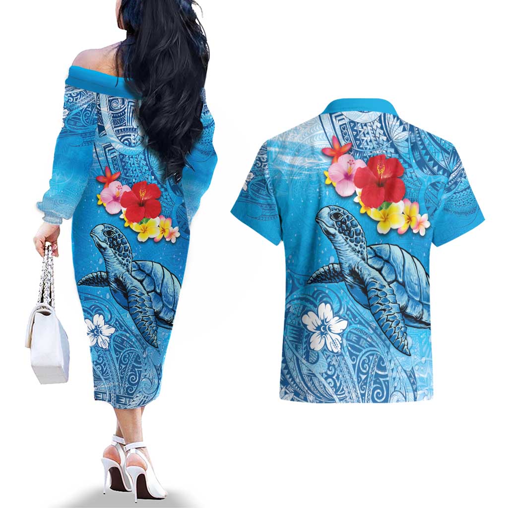 Hawaii Sea Turtle and Tropical Flowers Couples Matching Off The Shoulder Long Sleeve Dress and Hawaiian Shirt Polynesian Tattoo Undersea Vibe