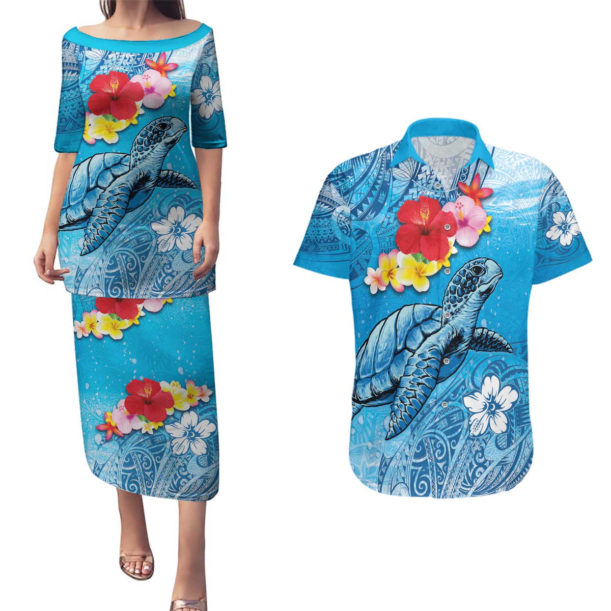 Hawaii Sea Turtle and Tropical Flowers Couples Matching Puletasi and Hawaiian Shirt Polynesian Tattoo Undersea Vibe LT03 Blue - Polynesian Pride