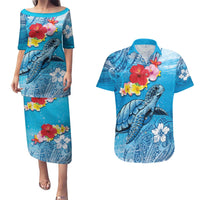 Hawaii Sea Turtle and Tropical Flowers Couples Matching Puletasi and Hawaiian Shirt Polynesian Tattoo Undersea Vibe LT03 Blue - Polynesian Pride