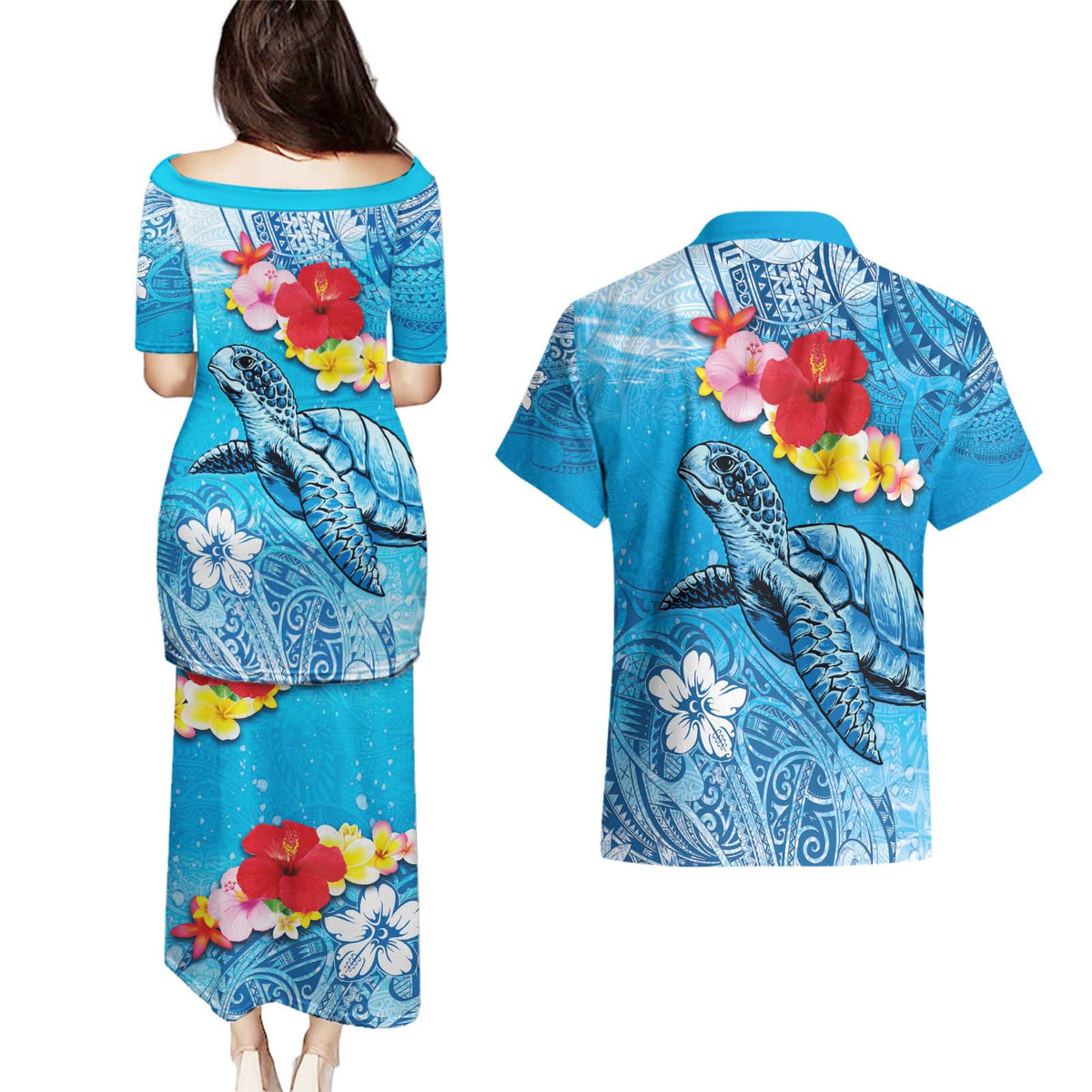 Hawaii Sea Turtle and Tropical Flowers Couples Matching Puletasi and Hawaiian Shirt Polynesian Tattoo Undersea Vibe LT03 - Polynesian Pride