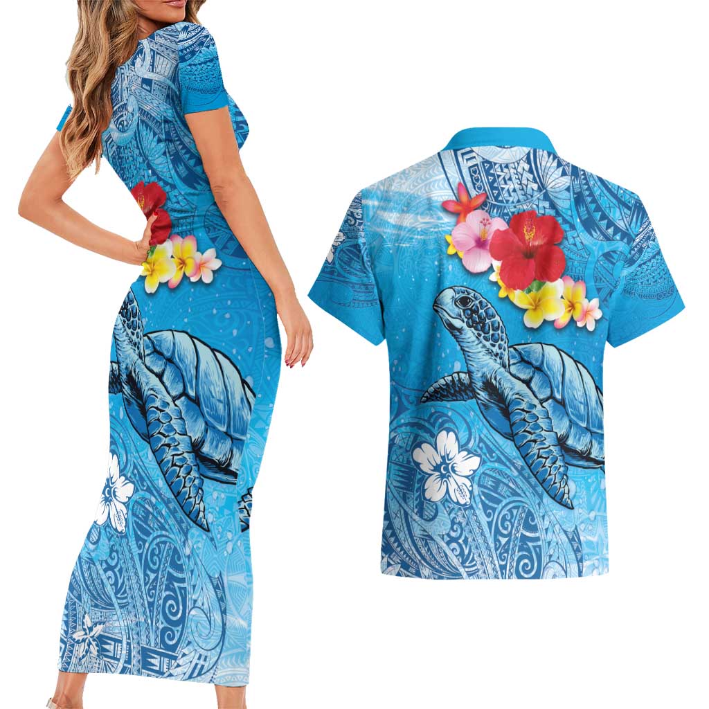 Hawaii Sea Turtle and Tropical Flowers Couples Matching Short Sleeve Bodycon Dress and Hawaiian Shirt Polynesian Tattoo Undersea Vibe LT03 - Polynesian Pride