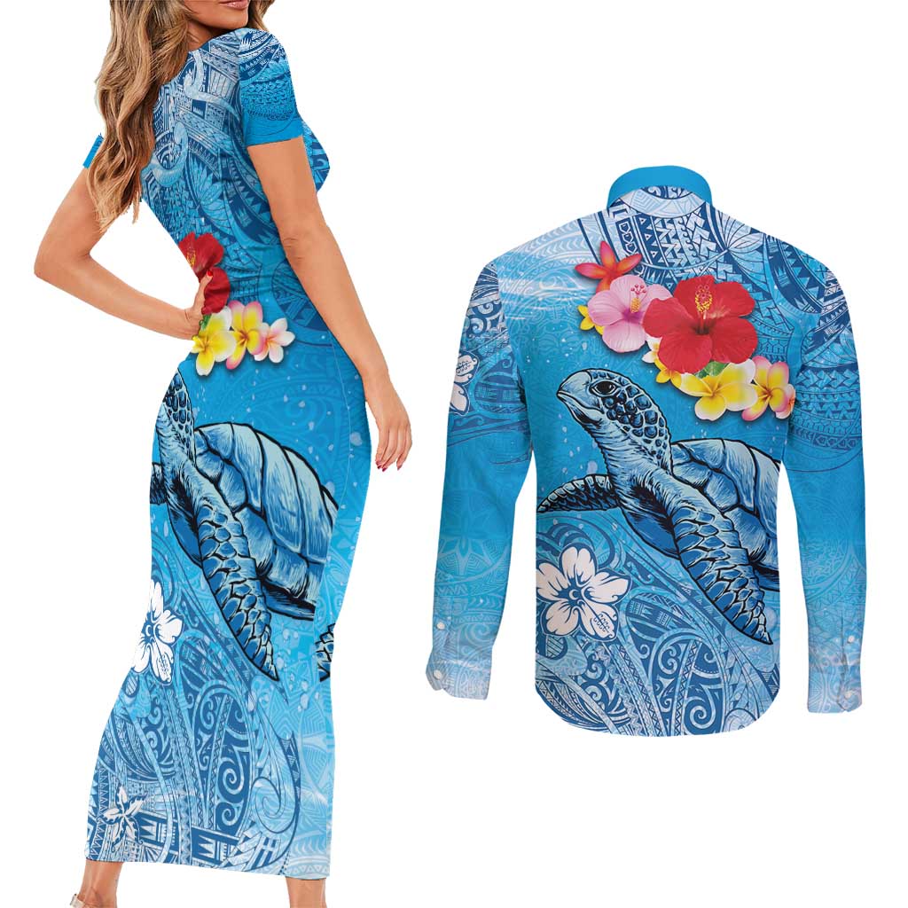 Hawaii Sea Turtle and Tropical Flowers Couples Matching Short Sleeve Bodycon Dress and Long Sleeve Button Shirt Polynesian Tattoo Undersea Vibe