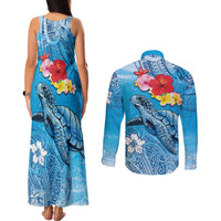 Hawaii Sea Turtle and Tropical Flowers Couples Matching Tank Maxi Dress and Long Sleeve Button Shirt Polynesian Tattoo Undersea Vibe