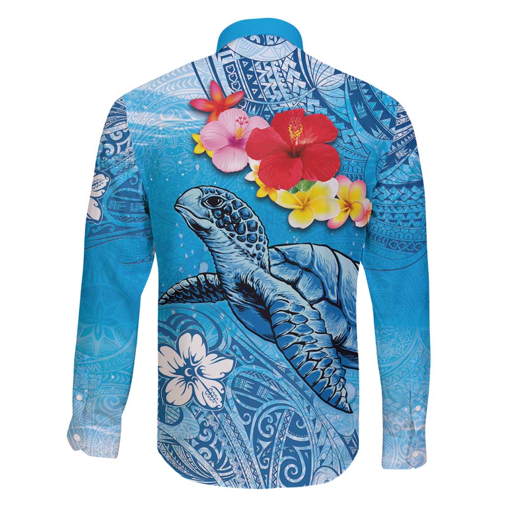 Hawaii Sea Turtle and Tropical Flowers Family Matching Long Sleeve Bodycon Dress and Hawaiian Shirt Polynesian Tattoo Undersea Vibe