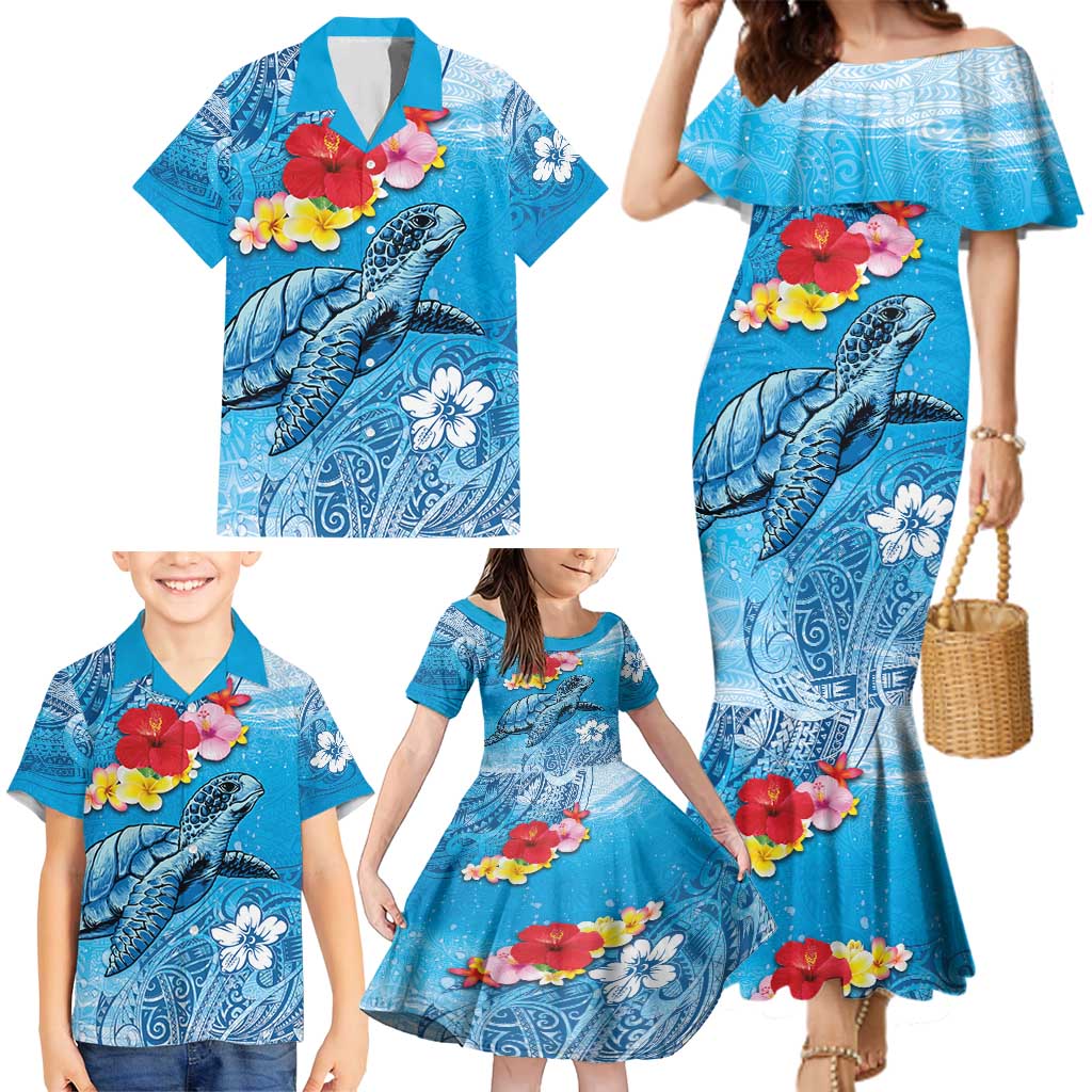 Hawaii Sea Turtle and Tropical Flowers Family Matching Mermaid Dress and Hawaiian Shirt Polynesian Tattoo Undersea Vibe LT03 - Polynesian Pride
