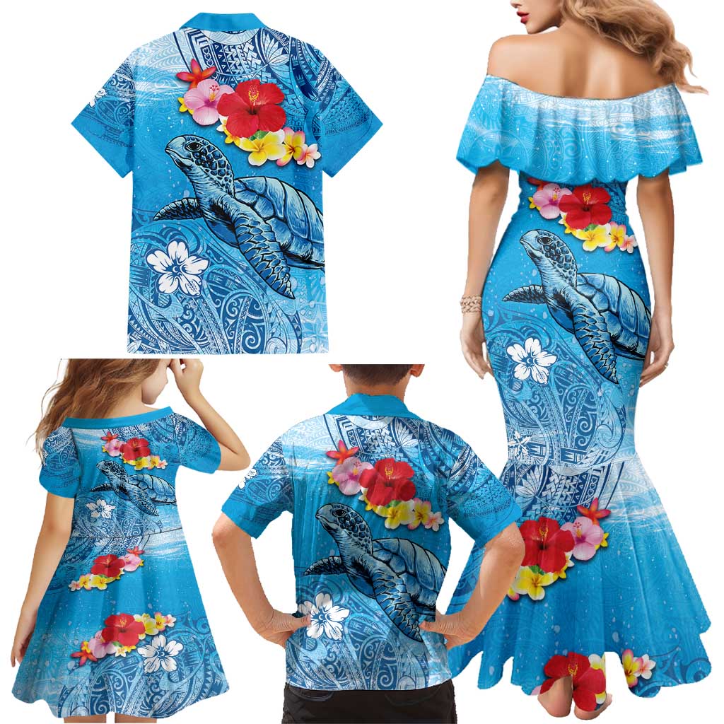 Hawaii Sea Turtle and Tropical Flowers Family Matching Mermaid Dress and Hawaiian Shirt Polynesian Tattoo Undersea Vibe LT03 - Polynesian Pride