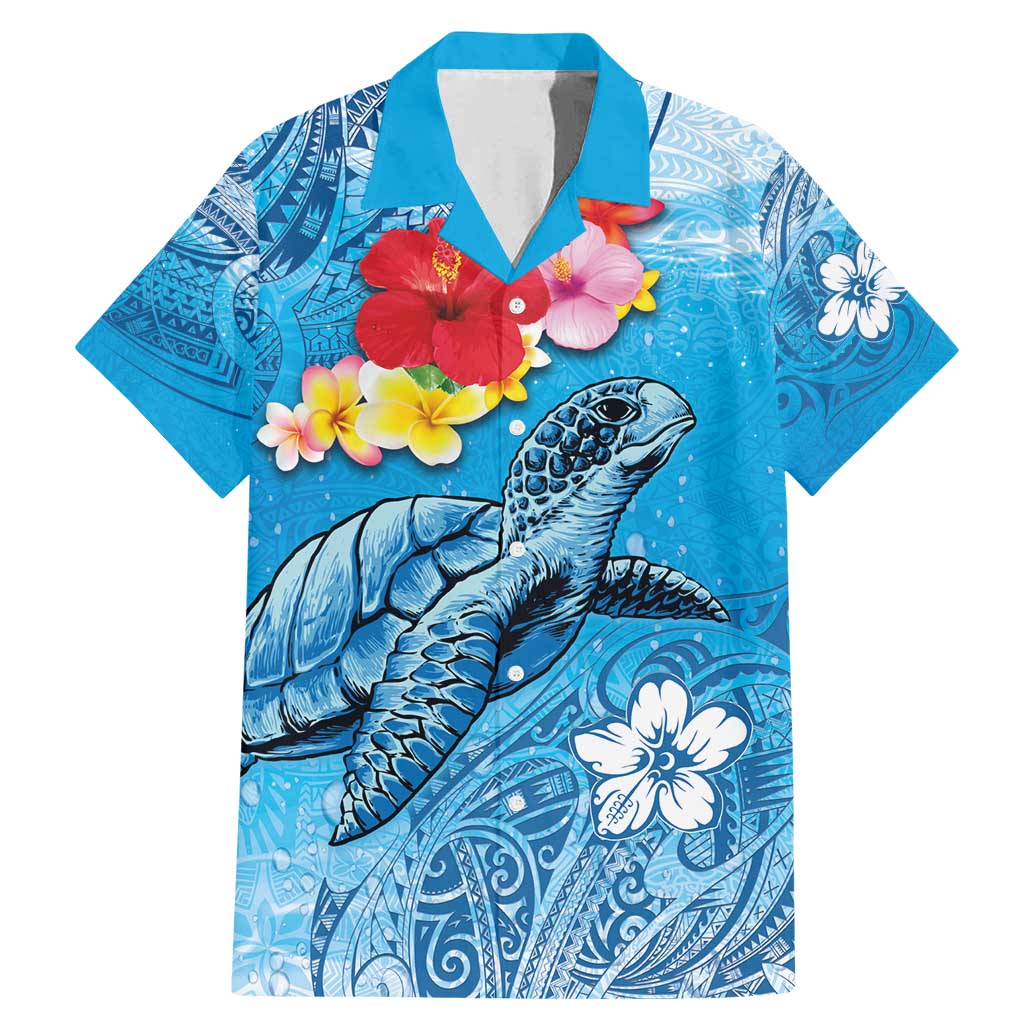 Hawaii Sea Turtle and Tropical Flowers Family Matching Mermaid Dress and Hawaiian Shirt Polynesian Tattoo Undersea Vibe LT03 Dad's Shirt - Short Sleeve Blue - Polynesian Pride