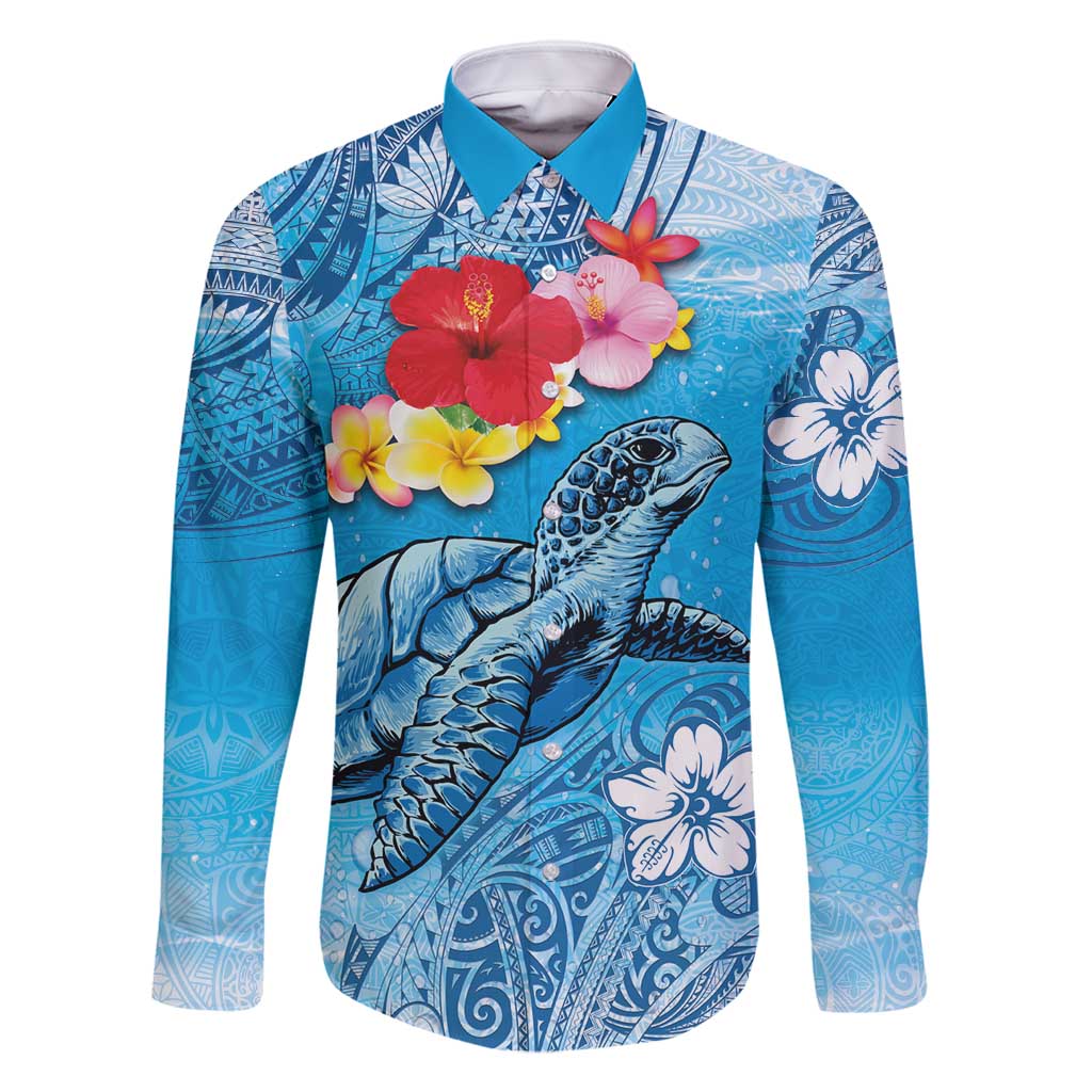 Hawaii Sea Turtle and Tropical Flowers Family Matching Mermaid Dress and Hawaiian Shirt Polynesian Tattoo Undersea Vibe LT03 Dad's Shirt - Long Sleeve Blue - Polynesian Pride