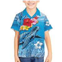 Hawaii Sea Turtle and Tropical Flowers Family Matching Mermaid Dress and Hawaiian Shirt Polynesian Tattoo Undersea Vibe LT03 Son's Shirt Blue - Polynesian Pride