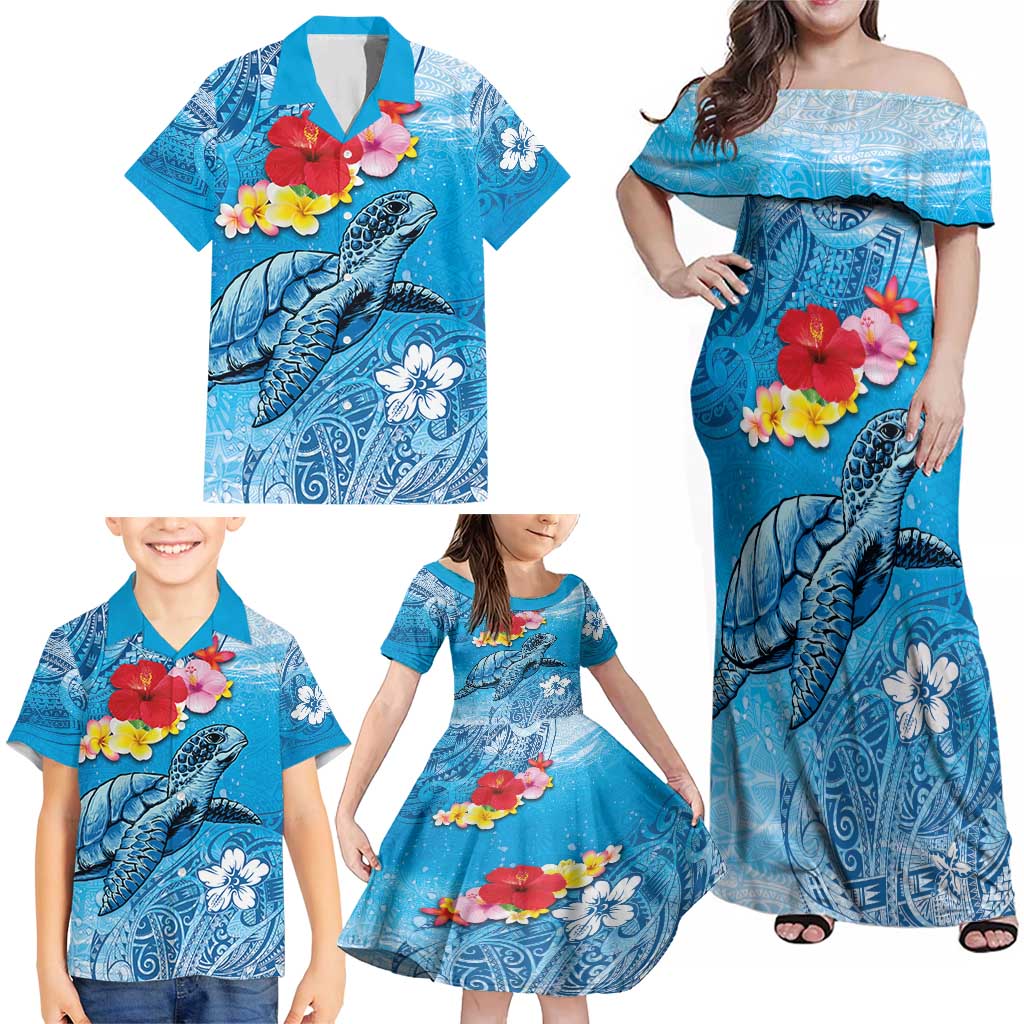 Hawaii Sea Turtle and Tropical Flowers Family Matching Off Shoulder Maxi Dress and Hawaiian Shirt Polynesian Tattoo Undersea Vibe LT03 - Polynesian Pride