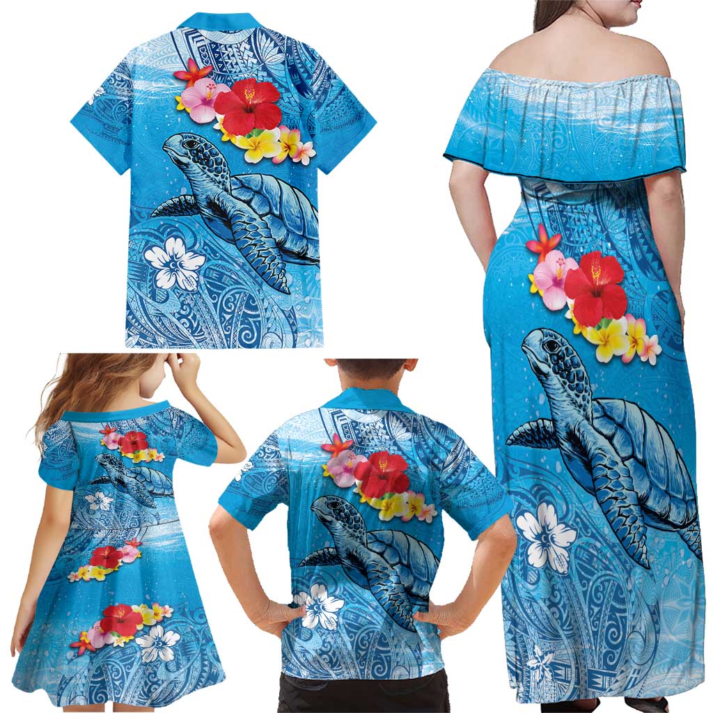 Hawaii Sea Turtle and Tropical Flowers Family Matching Off Shoulder Maxi Dress and Hawaiian Shirt Polynesian Tattoo Undersea Vibe LT03 - Polynesian Pride