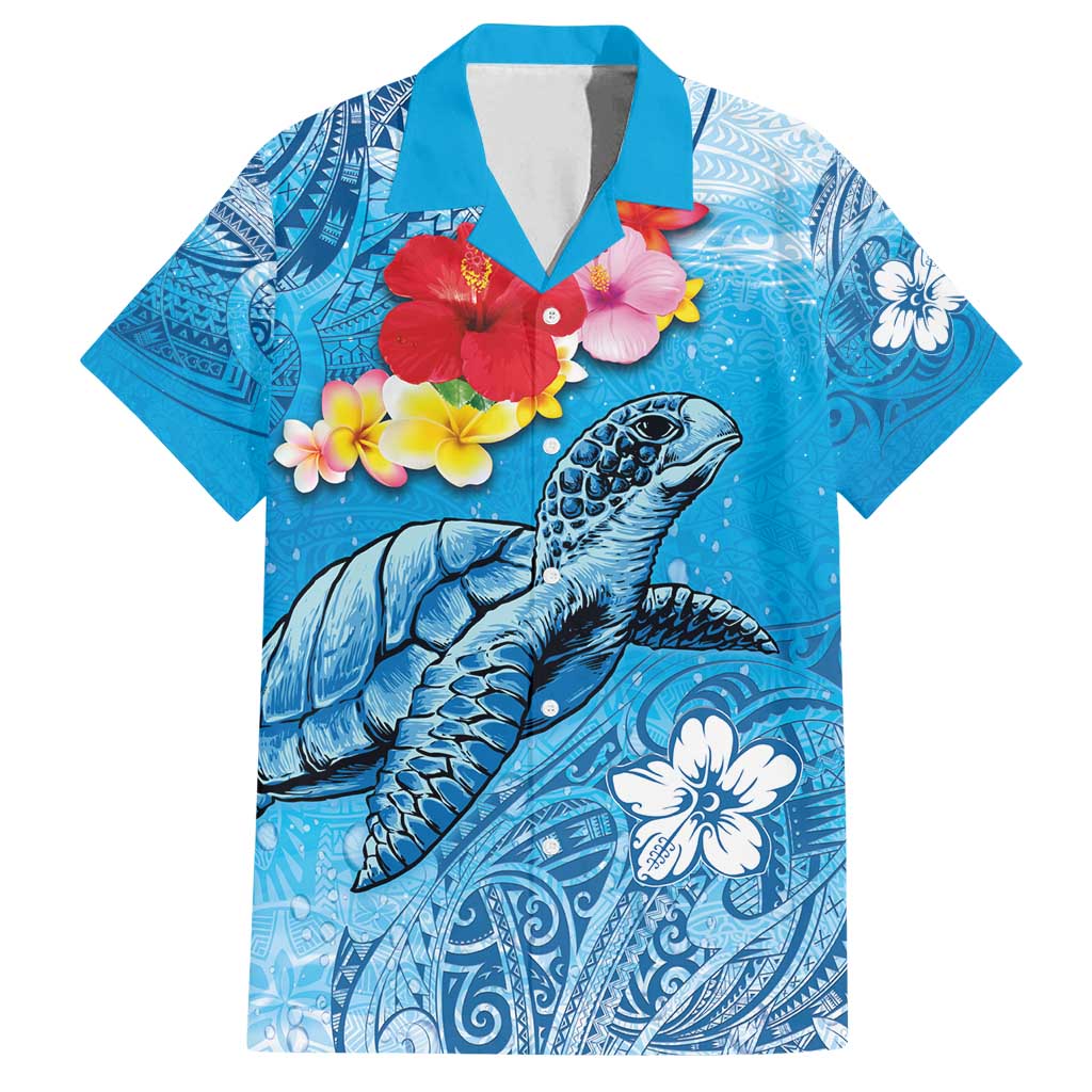 Hawaii Sea Turtle and Tropical Flowers Family Matching Off Shoulder Maxi Dress and Hawaiian Shirt Polynesian Tattoo Undersea Vibe LT03 Dad's Shirt - Short Sleeve Blue - Polynesian Pride