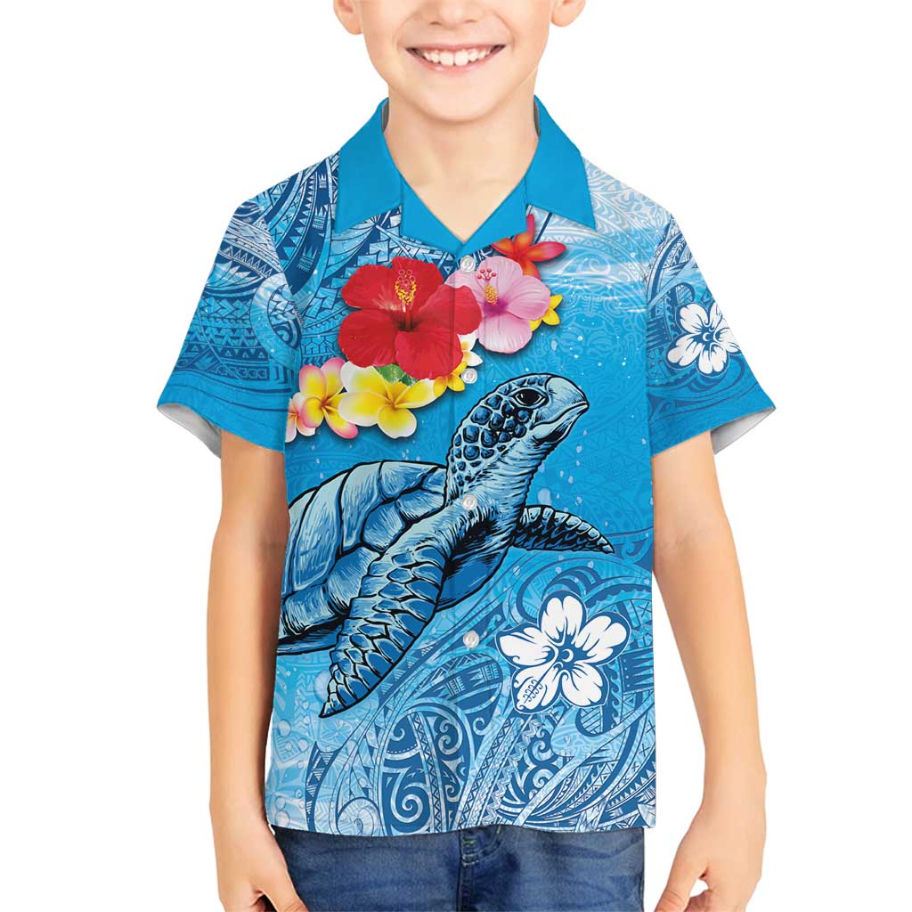 Hawaii Sea Turtle and Tropical Flowers Family Matching Off Shoulder Maxi Dress and Hawaiian Shirt Polynesian Tattoo Undersea Vibe LT03 Son's Shirt Blue - Polynesian Pride