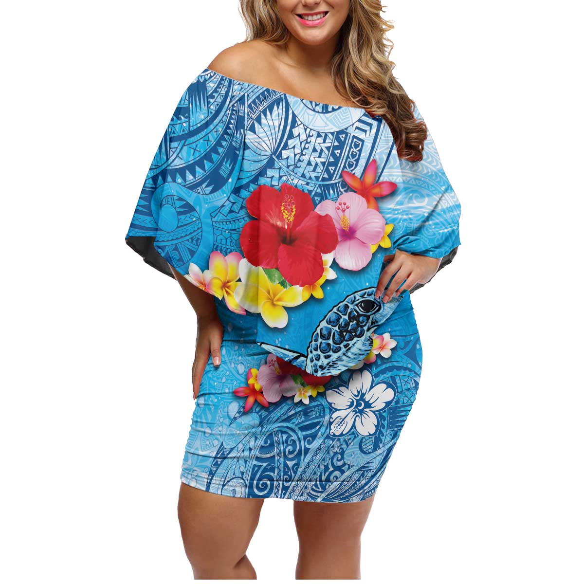 Hawaii Sea Turtle and Tropical Flowers Family Matching Off Shoulder Short Dress and Hawaiian Shirt Polynesian Tattoo Undersea Vibe