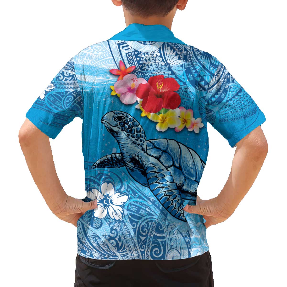 Hawaii Sea Turtle and Tropical Flowers Family Matching Puletasi and Hawaiian Shirt Polynesian Tattoo Undersea Vibe LT03 - Polynesian Pride