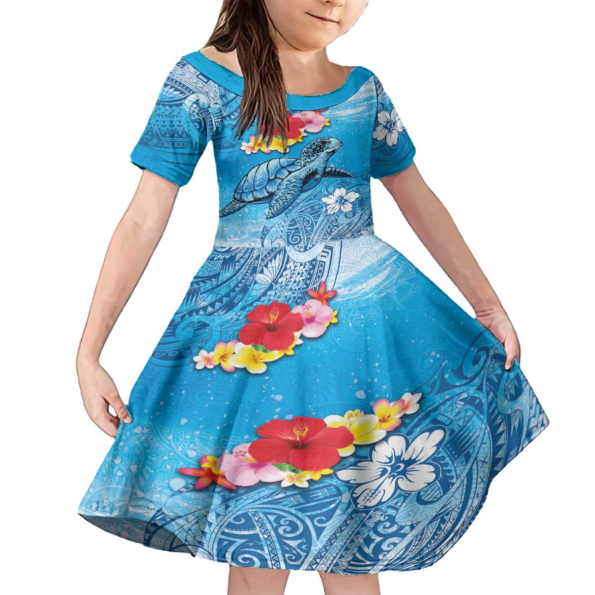 Hawaii Sea Turtle and Tropical Flowers Family Matching Puletasi and Hawaiian Shirt Polynesian Tattoo Undersea Vibe LT03 Daughter's Dress Blue - Polynesian Pride