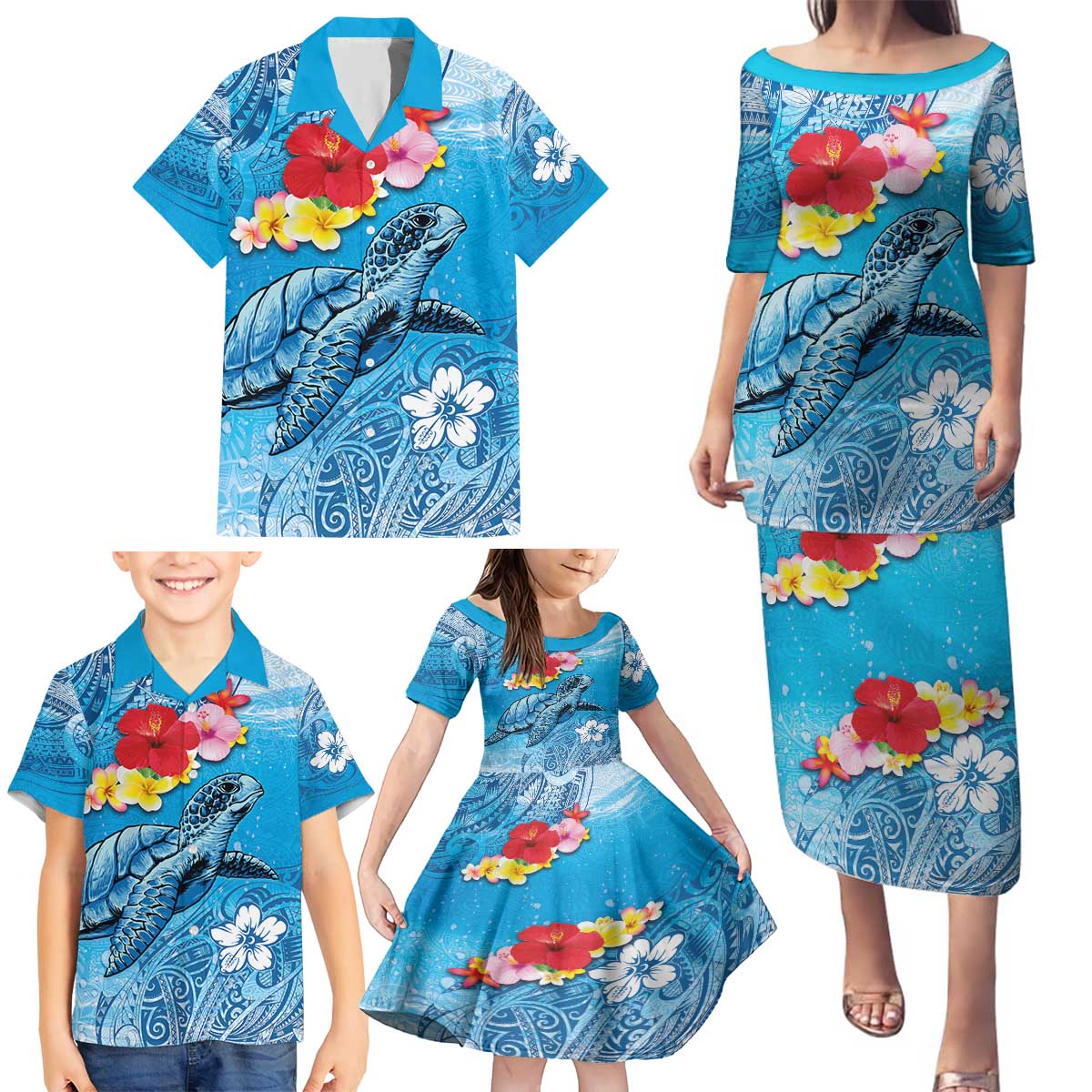 Hawaii Sea Turtle and Tropical Flowers Family Matching Puletasi and Hawaiian Shirt Polynesian Tattoo Undersea Vibe LT03 - Polynesian Pride