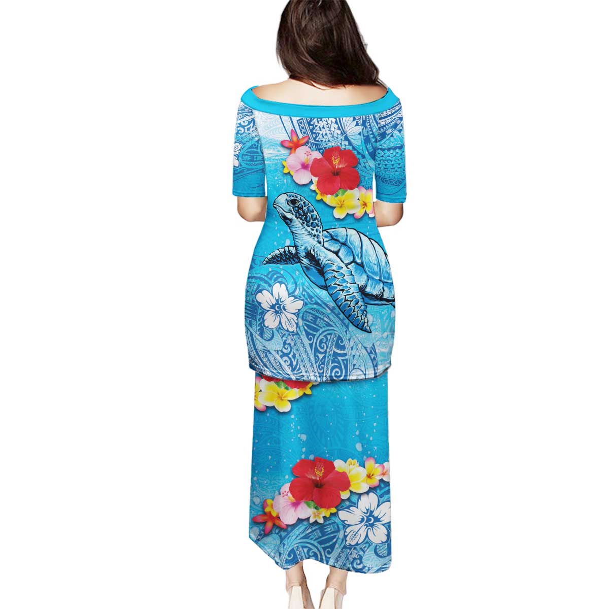 Hawaii Sea Turtle and Tropical Flowers Family Matching Puletasi and Hawaiian Shirt Polynesian Tattoo Undersea Vibe LT03 - Polynesian Pride