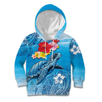 Hawaii Sea Turtle and Tropical Flowers Kid Hoodie Polynesian Tattoo Undersea Vibe LT03 Hoodie Blue - Polynesian Pride