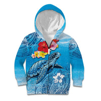 Hawaii Sea Turtle and Tropical Flowers Kid Hoodie Polynesian Tattoo Undersea Vibe LT03 Zip Hoodie Blue - Polynesian Pride