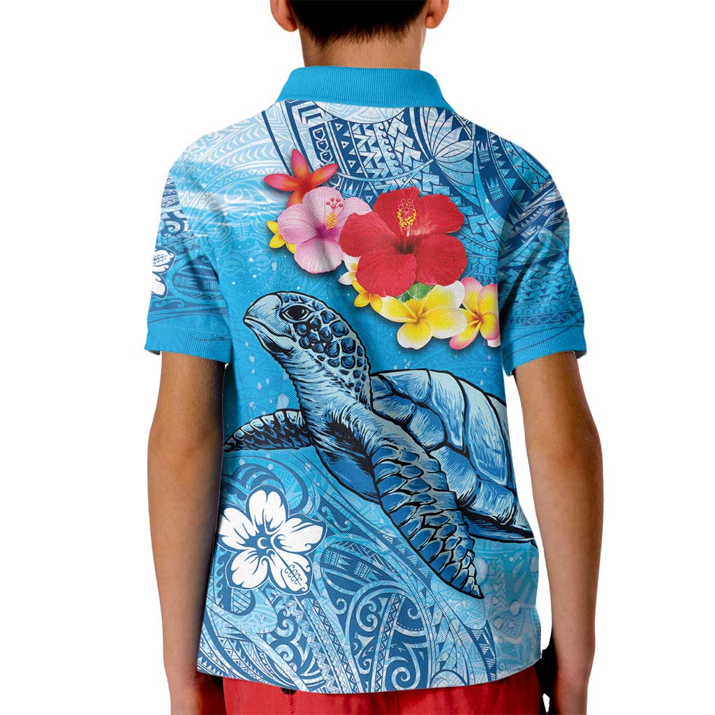 Hawaii Sea Turtle and Tropical Flowers Kid Polo Shirt - Polynesian Tattoo Undersea Vibe LT03 - Polynesian Pride