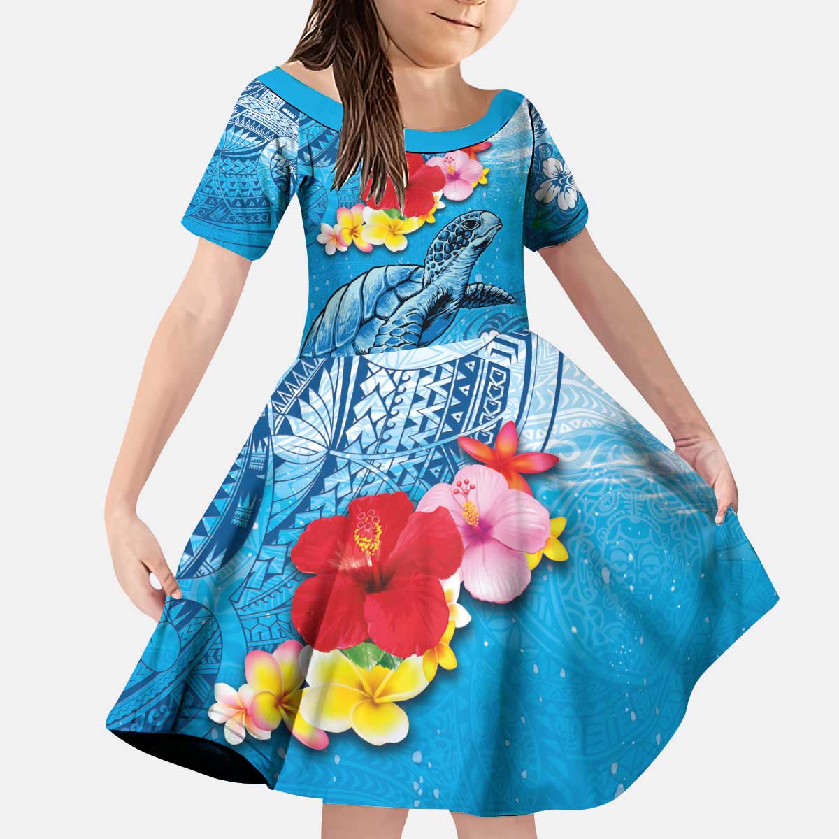 Hawaii Sea Turtle and Tropical Flowers Kid Short Sleeve Dress Polynesian Tattoo Undersea Vibe LT03 KID Blue - Polynesian Pride