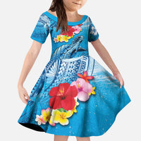 Hawaii Sea Turtle and Tropical Flowers Kid Short Sleeve Dress Polynesian Tattoo Undersea Vibe LT03 KID Blue - Polynesian Pride