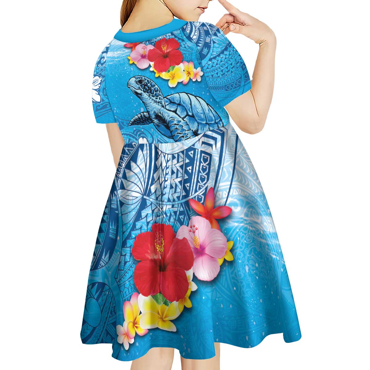 Hawaii Sea Turtle and Tropical Flowers Kid Short Sleeve Dress Polynesian Tattoo Undersea Vibe LT03 - Polynesian Pride