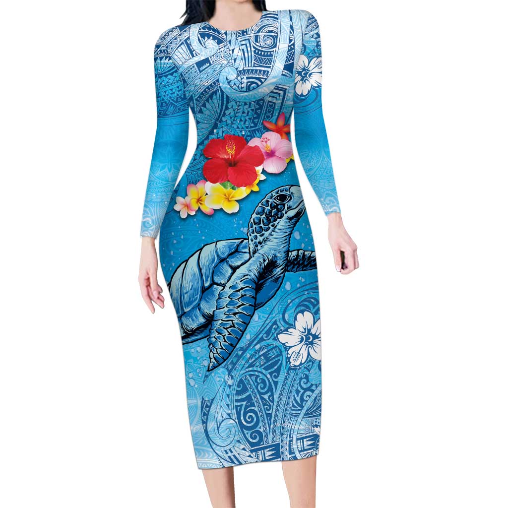 Hawaii Sea Turtle and Tropical Flowers Long Sleeve Bodycon Dress Polynesian Tattoo Undersea Vibe LT03 Long Dress Blue - Polynesian Pride