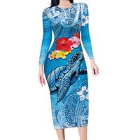 Hawaii Sea Turtle and Tropical Flowers Long Sleeve Bodycon Dress Polynesian Tattoo Undersea Vibe LT03 Long Dress Blue - Polynesian Pride