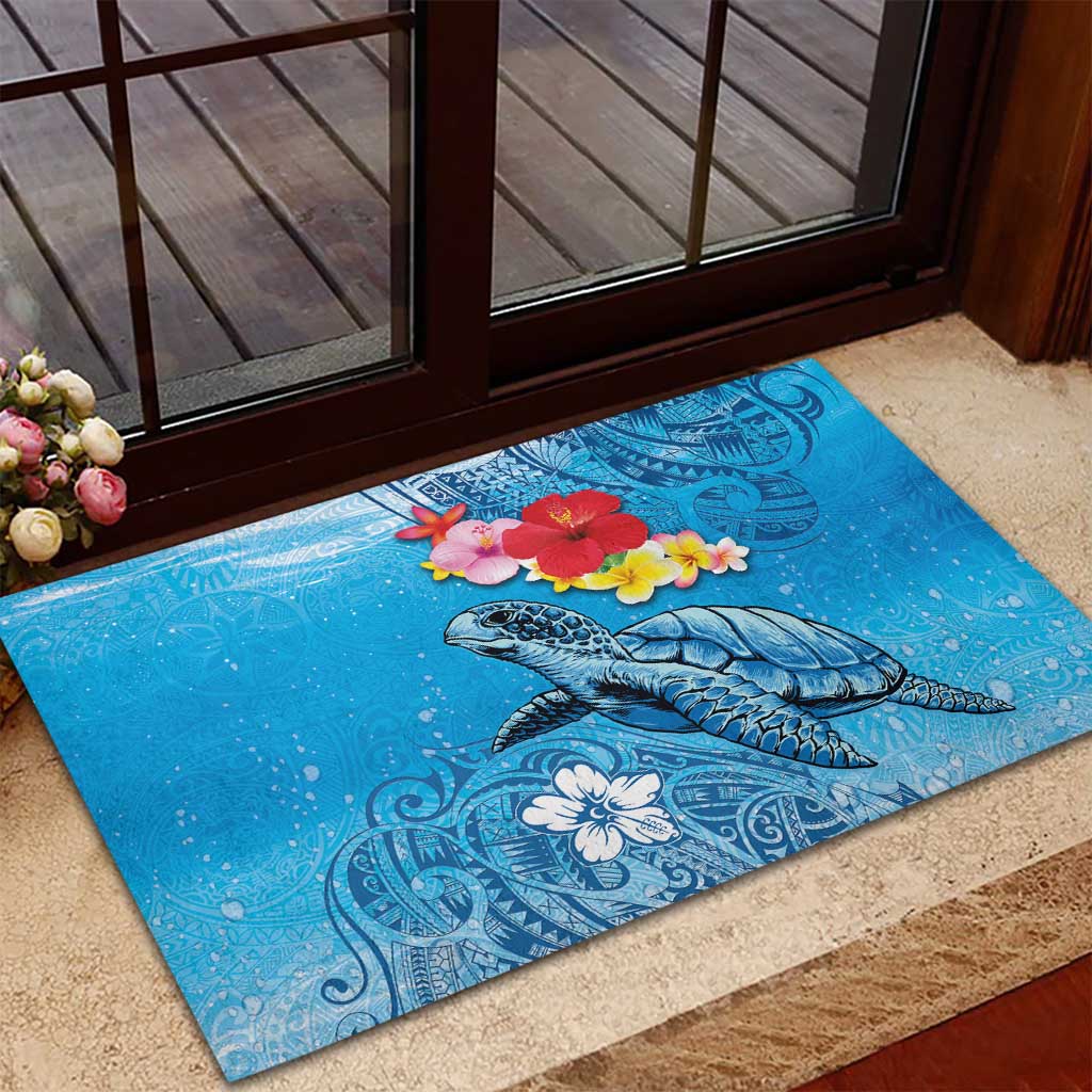 Hawaii Sea Turtle and Tropical Flowers Rubber Doormat Polynesian Tattoo Undersea Vibe
