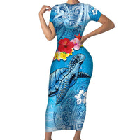 Hawaii Sea Turtle and Tropical Flowers Short Sleeve Bodycon Dress Polynesian Tattoo Undersea Vibe LT03 Long Dress Blue - Polynesian Pride