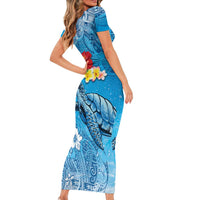 Hawaii Sea Turtle and Tropical Flowers Short Sleeve Bodycon Dress Polynesian Tattoo Undersea Vibe LT03 - Polynesian Pride
