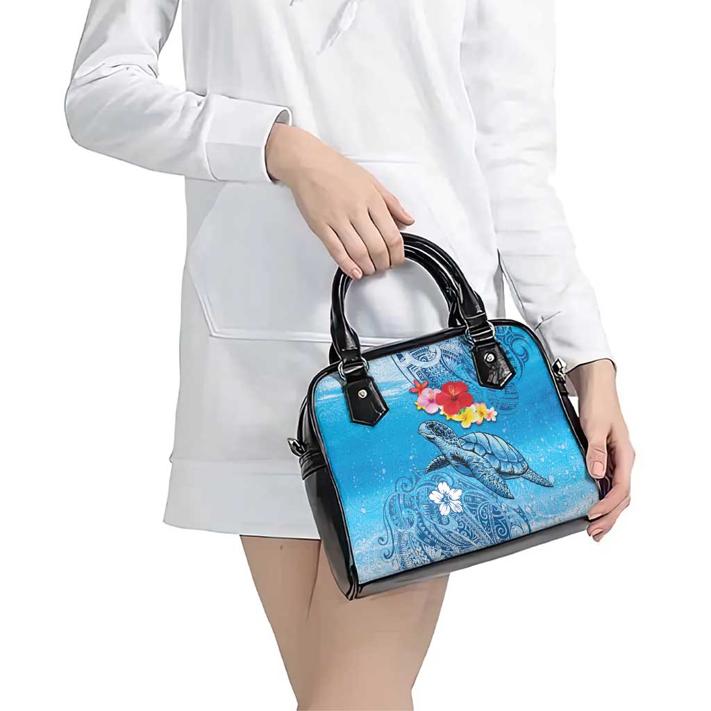 Hawaii Sea Turtle and Tropical Flowers Shoulder Handbag Polynesian Tattoo Undersea Vibe