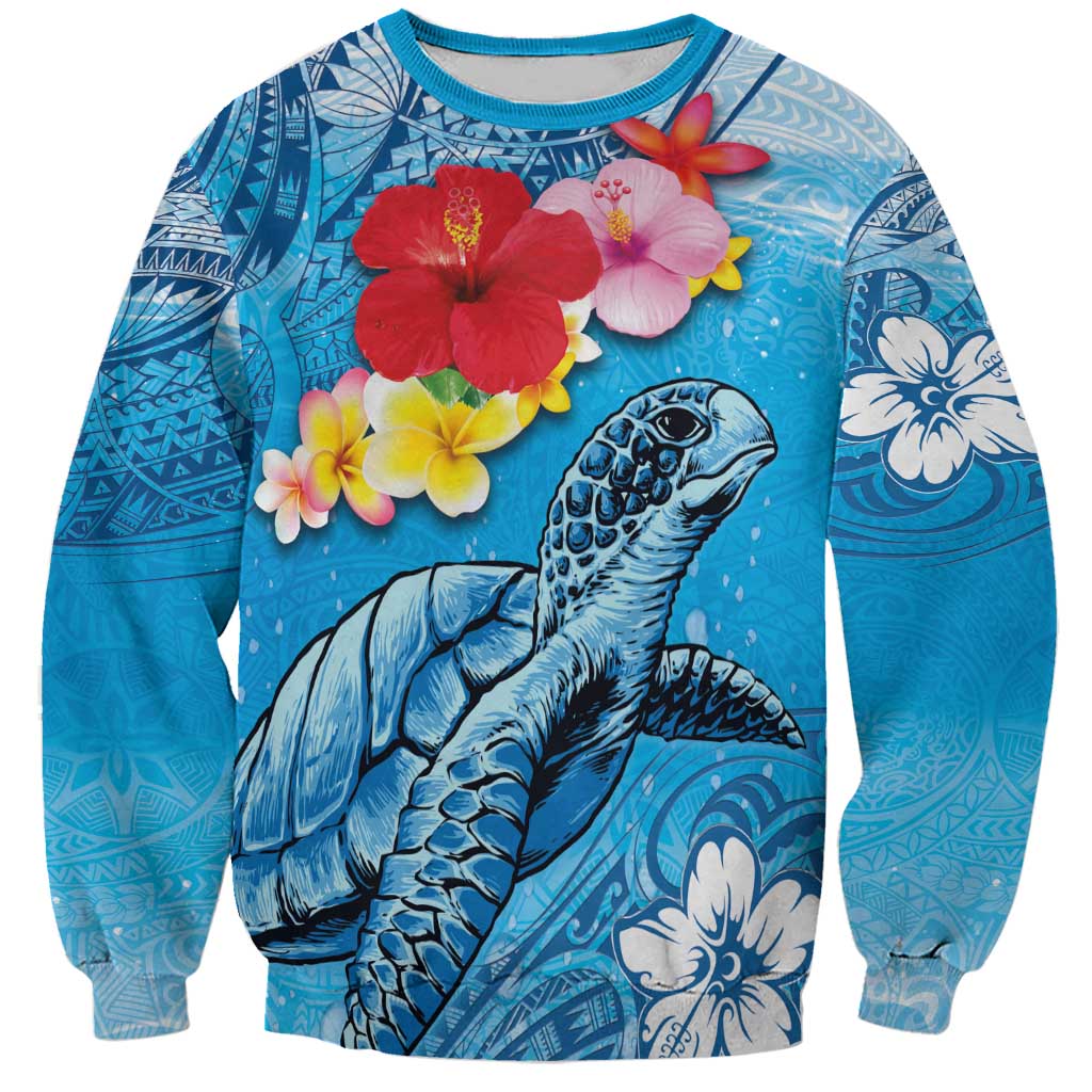 Hawaii Sea Turtle and Tropical Flowers Sweatshirt Polynesian Tattoo Undersea Vibe LT03 Unisex Blue - Polynesian Pride