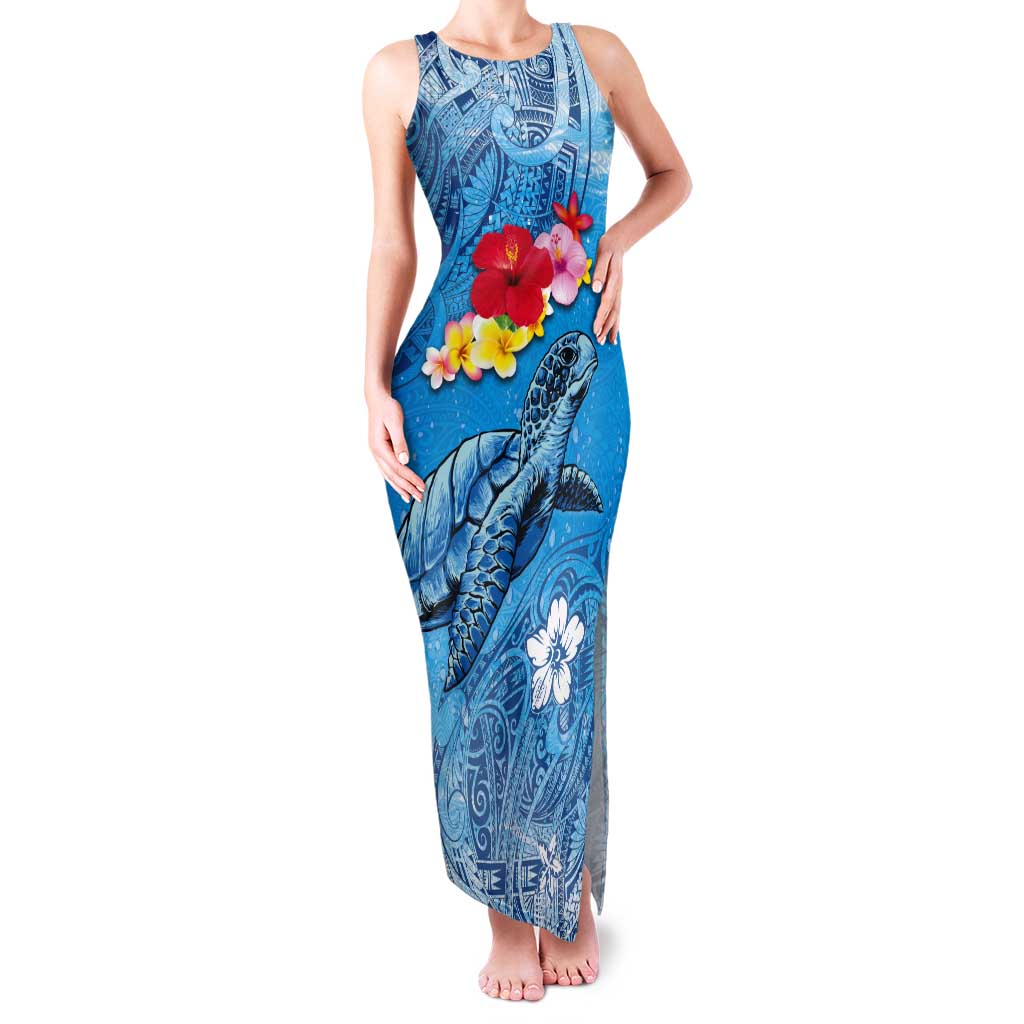 Hawaii Sea Turtle and Tropical Flowers Tank Maxi Dress Polynesian Tattoo Undersea Vibe LT03 Women Blue - Polynesian Pride