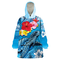 Hawaii Sea Turtle and Tropical Flowers Wearable Blanket Hoodie Polynesian Tattoo Undersea Vibe LT03 One Size Blue - Polynesian Pride