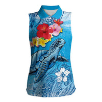 Hawaii Sea Turtle and Tropical Flowers Women Sleeveless Polo Shirt - Polynesian Tattoo Undersea Vibe LT03 Female Blue - Polynesian Pride