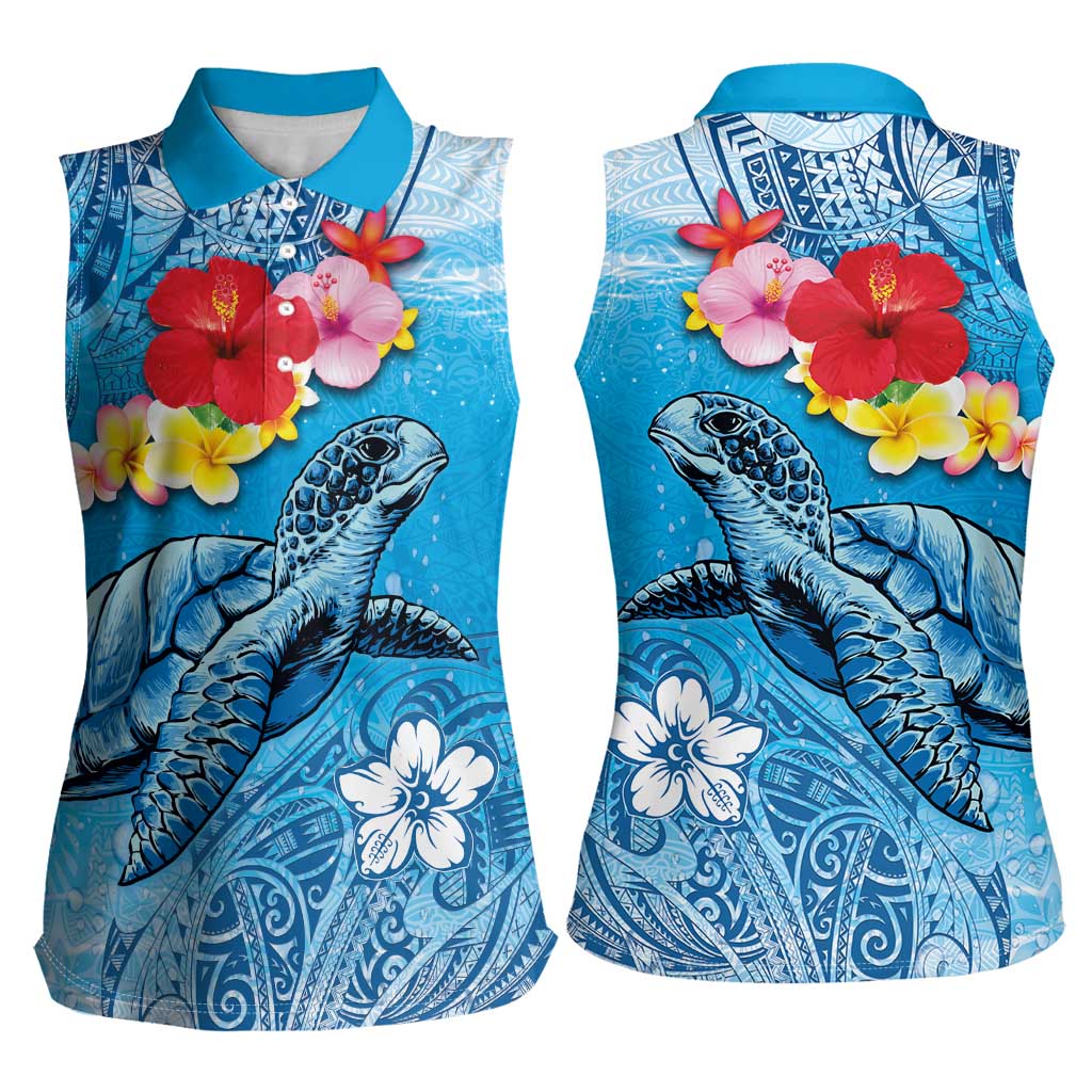 Hawaii Sea Turtle and Tropical Flowers Women Sleeveless Polo Shirt - Polynesian Tattoo Undersea Vibe LT03 - Polynesian Pride