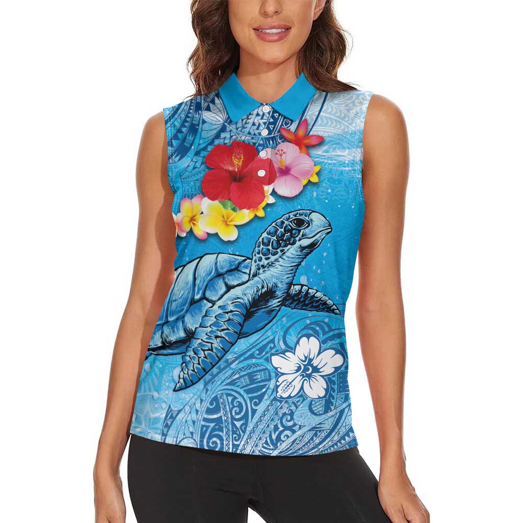 Hawaii Sea Turtle and Tropical Flowers Women Sleeveless Polo Shirt - Polynesian Tattoo Undersea Vibe LT03 - Polynesian Pride