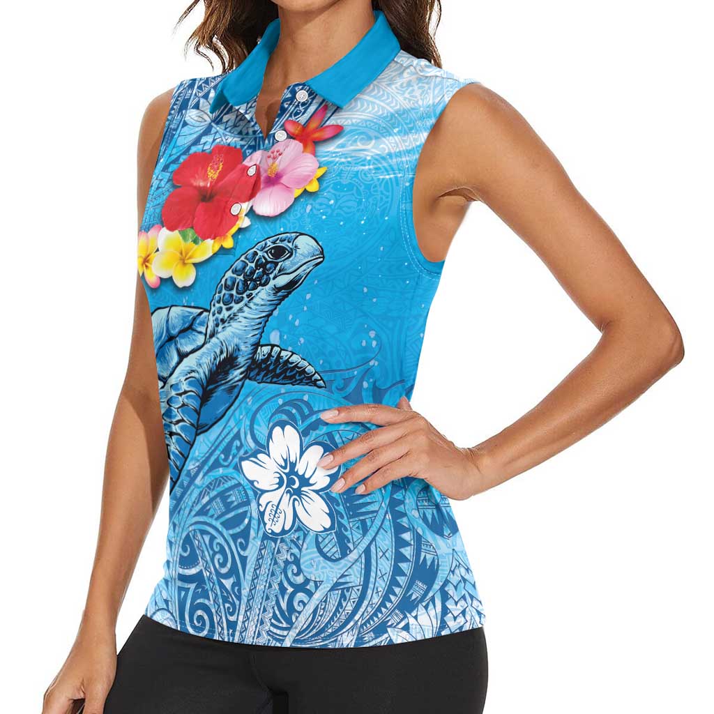 Hawaii Sea Turtle and Tropical Flowers Women Sleeveless Polo Shirt - Polynesian Tattoo Undersea Vibe LT03 - Polynesian Pride