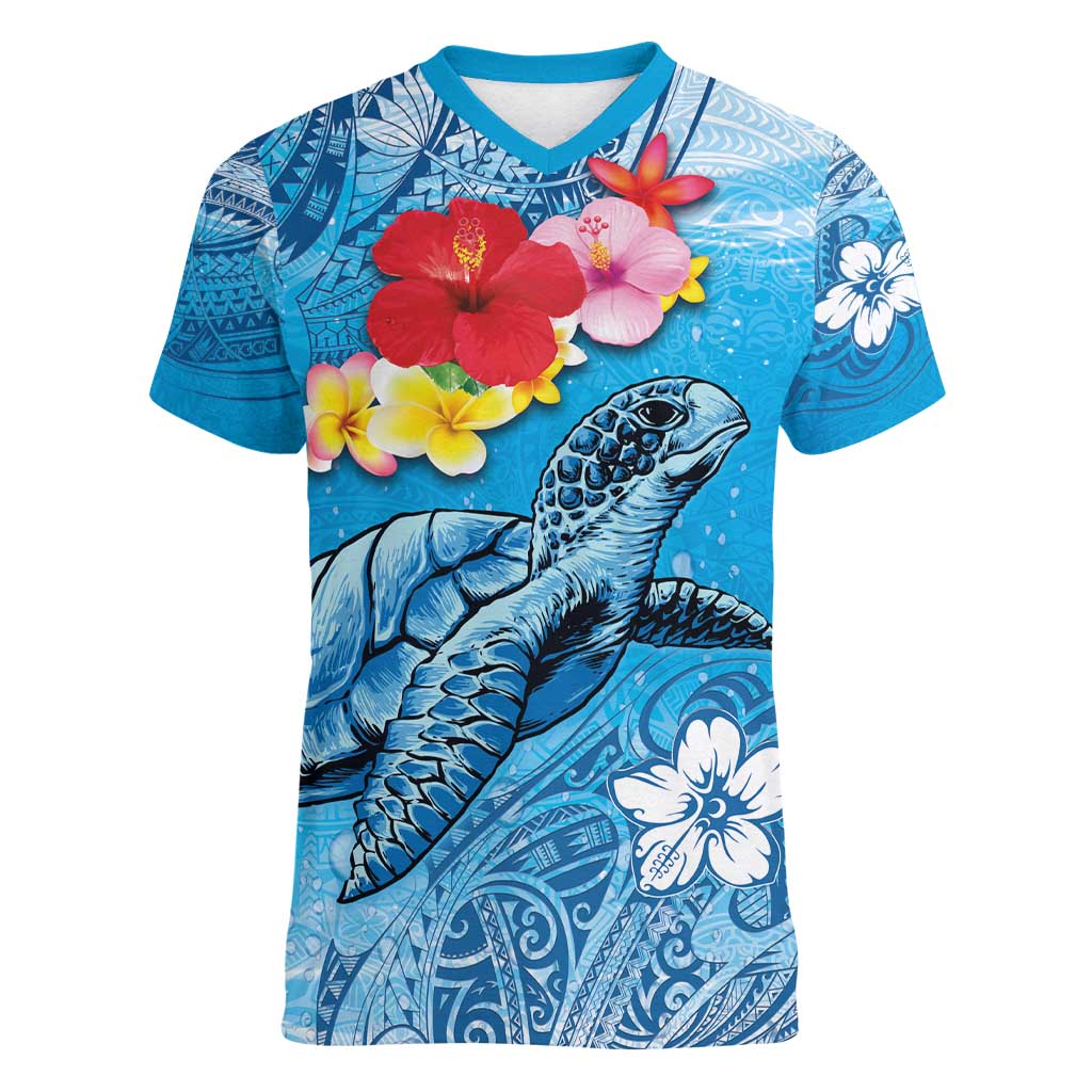 Hawaii Sea Turtle and Tropical Flowers Women V-Neck T-Shirt Polynesian Tattoo Undersea Vibe LT03 Female Blue - Polynesian Pride