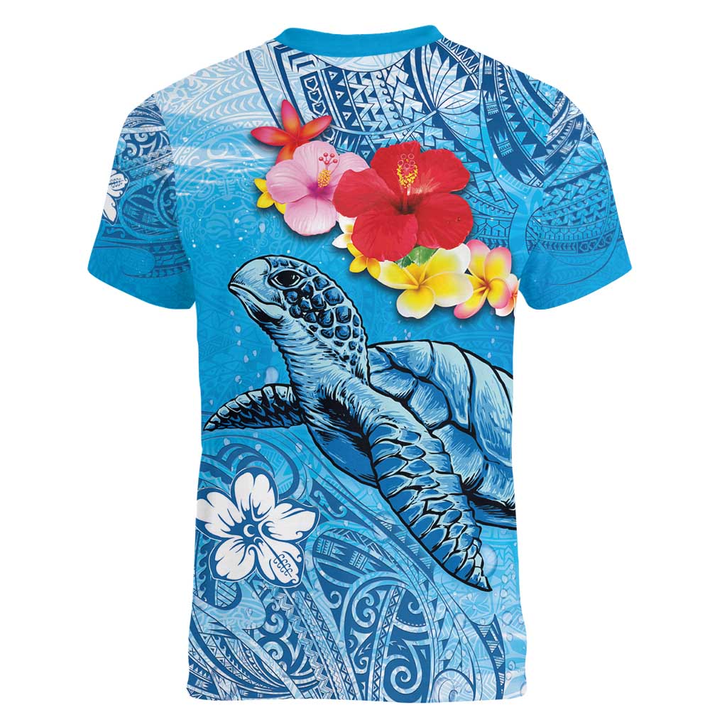 Hawaii Sea Turtle and Tropical Flowers Women V-Neck T-Shirt Polynesian Tattoo Undersea Vibe LT03 - Polynesian Pride