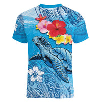 Hawaii Sea Turtle and Tropical Flowers Women V-Neck T-Shirt Polynesian Tattoo Undersea Vibe LT03 - Polynesian Pride