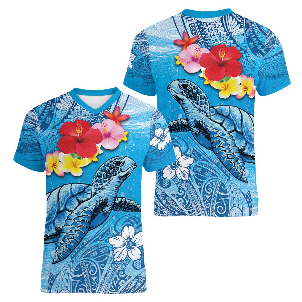 Hawaii Sea Turtle and Tropical Flowers Women V-Neck T-Shirt Polynesian Tattoo Undersea Vibe LT03 - Polynesian Pride