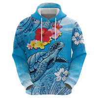 Hawaii Sea Turtle and Tropical Flowers Zip Hoodie Polynesian Tattoo Undersea Vibe